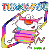 a thank you card with a cartoon cat and the name merav m.