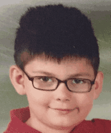 a young boy wearing glasses and a red shirt is smiling for the camera