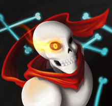 a drawing of a skeleton wearing a red scarf and glowing eyes