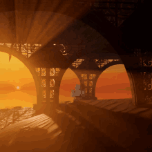 the sun shines through the arches of a bridge at sunset