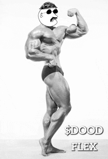 a black and white photo of a bodybuilder with the words $ dood flex underneath him