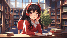 a girl wearing headphones sits at a desk in a library reading a book