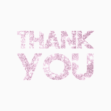 the word thank you is written with pink glitter on a white background