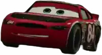 a red racing car from the movie cars is sitting on a white surface .