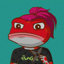 a frog with pink hair and a shirt that says the flag