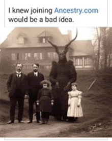 a group of people standing in front of a house with a demon in the middle