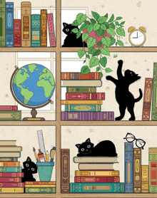 an illustration of a bookshelf with a cat on top of a book