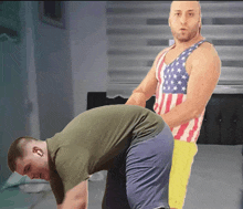 a man in an american flag tank top is giving another man a spanking