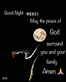 a picture of a cat with the words good night reeci may the peace of god surround you and your family amen written on it