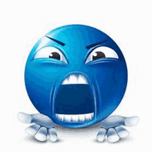 a blue smiley face with a very angry expression is screaming with its mouth open .