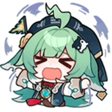 a cartoon girl with green hair is crying and holding a bottle .