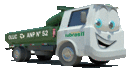 a cartoon truck with a smiling face on it is sitting on a white surface .