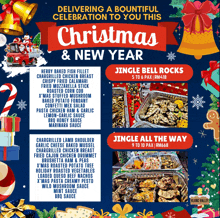 a poster for christmas and new year shows a variety of foods