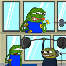 a cartoon of two frogs in a gym lifting weights