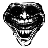 a black and white drawing of a troll face with the letter d under it