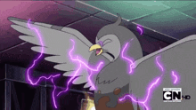 a cartoon bird is surrounded by purple lightning and says cn hd