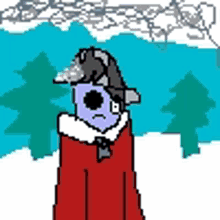 a pixel art drawing of a person standing in the snow wearing headphones and a hat .