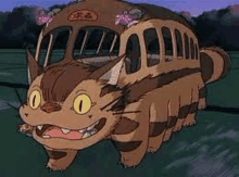 a cat is riding on the back of a bus in a cartoon .