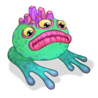 a green frog with purple crystals on its head and pink lips