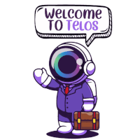 a cartoon of an astronaut holding a briefcase and a speech bubble that says welcome to telos