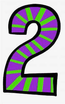 the number two is purple and green with a black outline and striped pattern .