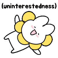 a cartoon rabbit with a yellow flower on its head is laying on a pillow with the word uninterestedness below it .