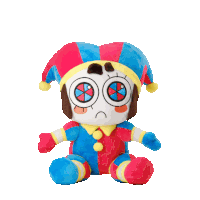 a stuffed clown with a sad look on his face is sitting on a white background