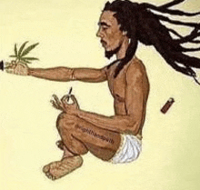 a man with dreadlocks is kneeling down and holding a marijuana plant in his hands .