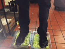 a person is standing on a tray of lettuce on their feet