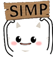 a cartoon cat is holding a sign that says simp on top of its head .