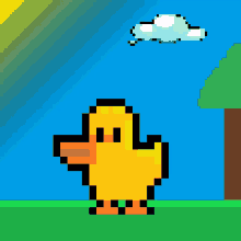 a pixel art of a duck standing in a field