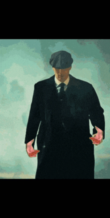 a painting of a man in a suit and hat with his hands outstretched