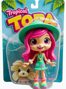 a tropical toga doll with pink hair and a dog