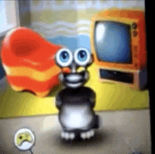 a cartoon character with big eyes stands in front of a television