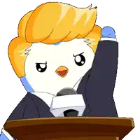 a cartoon penguin is giving a speech behind a podium