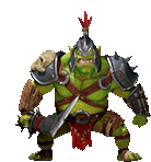 a pixel art of a green orc holding a sword and a helmet .