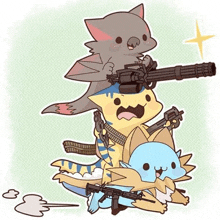 a cartoon of three animals holding guns including a cat