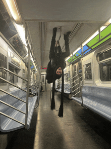 a person is hanging upside down on a subway train