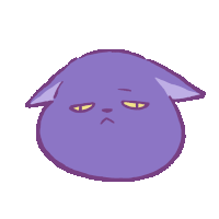 a purple cat with yellow eyes and a sad look on its face