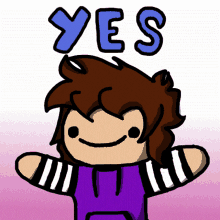 a cartoon character with a purple shirt and striped sleeves says yes