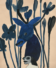 a painting of a person standing next to a blue deer