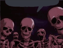 a group of skeletons are standing next to each other with a speech bubble in the middle .