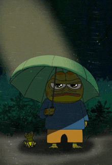 a frog holding an umbrella next to a frog in the rain