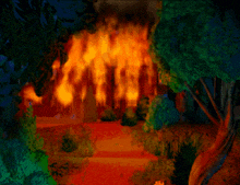 a painting of a forest with trees and fire