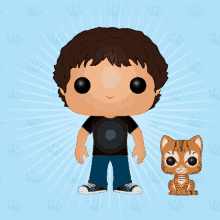 a funko pop of a boy standing next to a cat