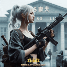 a woman holding a gun in front of a building that says so li on it