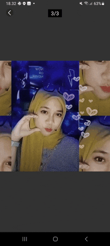 a phone screen shows a collage of images of a woman wearing a yellow hijab