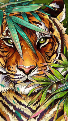 a painting of a tiger surrounded by leaves and flowers