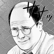 a black and white drawing of a man wearing glasses and a bald head .