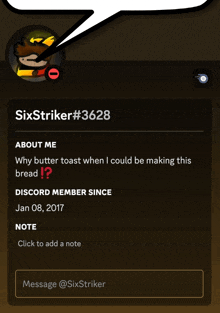 a screenshot of sixstriker # 3628 with a speech bubble